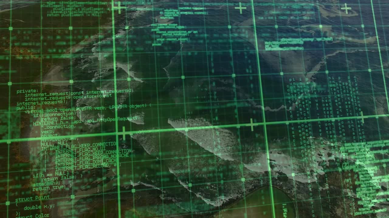 Green holographic grid being scanned after sensor ping, code columns updating to align coasts