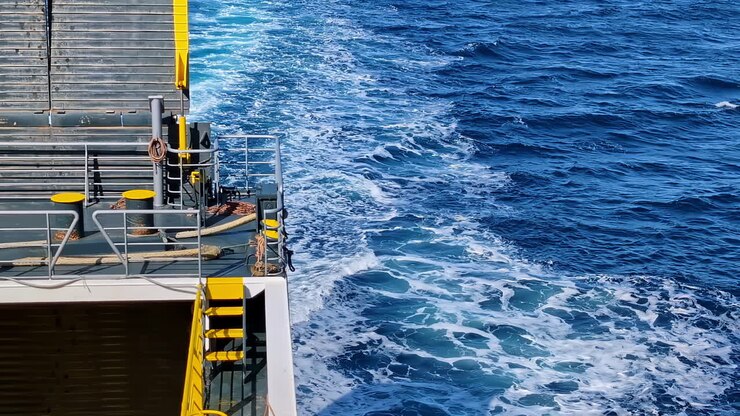 Ferry vessel sailing in open sea near Greece, static view