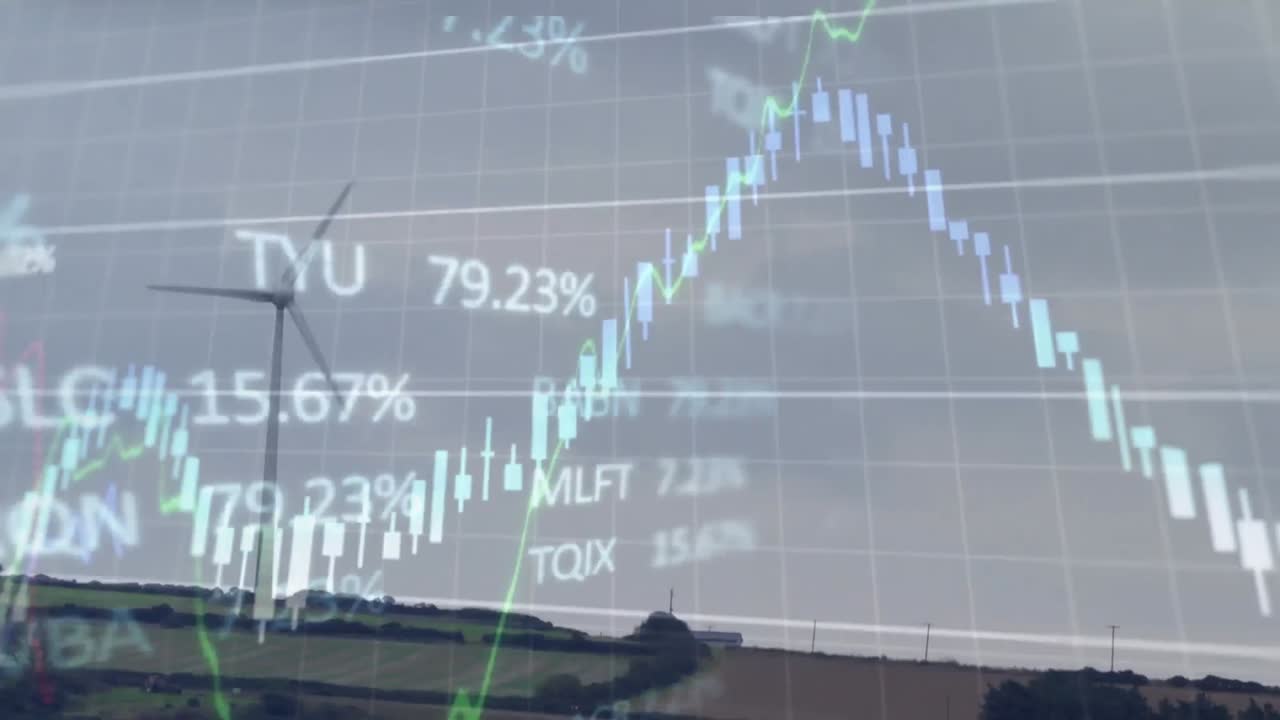 하늘을 배경으로 녹색 필드에서 회전하는 풍차에 대한 그래프와 거래 보드의 애니메이션