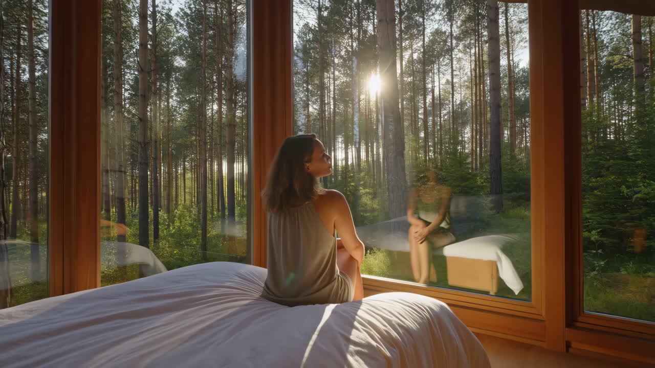 Woman enjoying a peaceful forest view from a modern bedroom