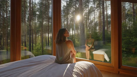 woman enjoying a peaceful forest view from a modern bedroom