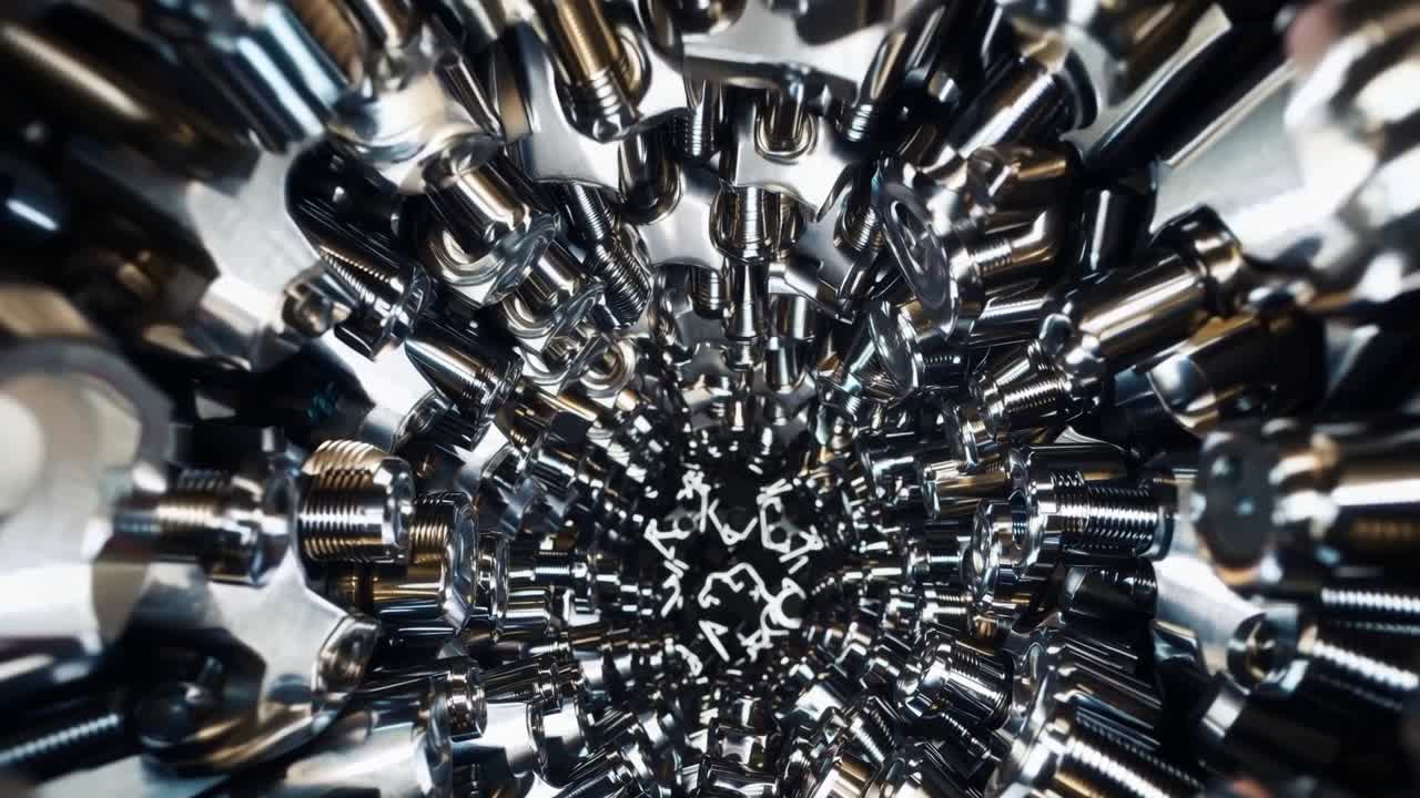 Close-up view of metallic fasteners swirling in a dynamic motion sequence, showcasing intricate details and reflections, emphasizing the beauty of industrial craftsmanship