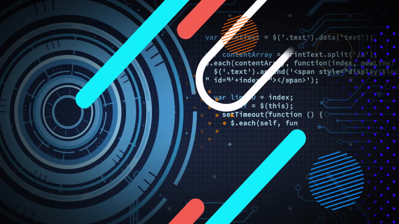 Concentric HUD rings being animated on dark grid background with neon bars and striped circles