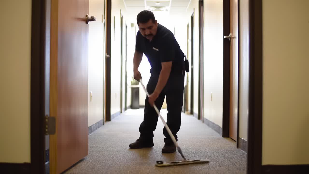 Dedicated worker cleaning an office hallway with precision, ensuring a neat and tidy environment in a professional setting, highlighting productivity and attention to detail