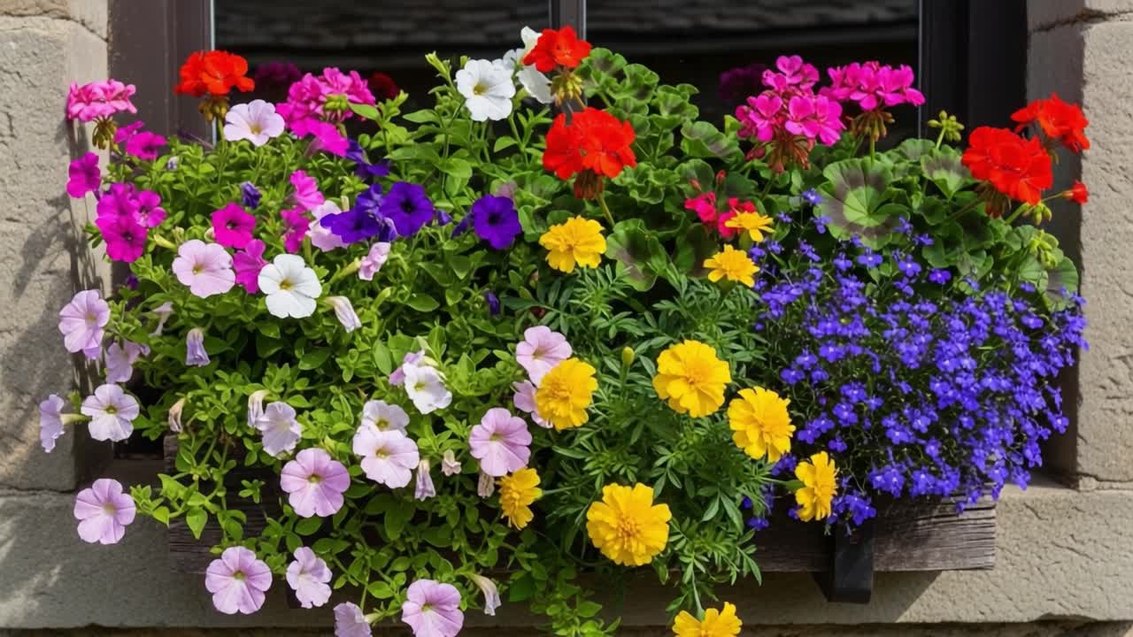 A Vibrant Display of Colorful Flowers in a Window Box, Showcasing a Lively Combination of Petunias, Marigolds, Geraniums, and Other Blooming Plants Bathed in Sunlight