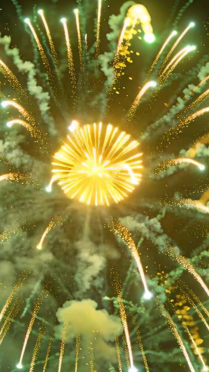 Video vertical: Encendiendo un proyectil que crea una explosión verde-dorada sobre la cámara por la noche, con humo para el espectáculo.