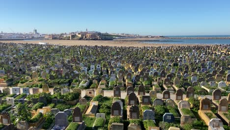 old huge arab cemetery overlooking the sea in rabat at sunny day