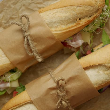 tasty homemade sandwiches baguettes with various healthy ingredients  breakfast take away concept