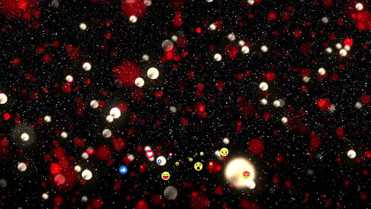 After 3 seconds emoji cluster emerging through drifting red white orbs, moving depicting reactions