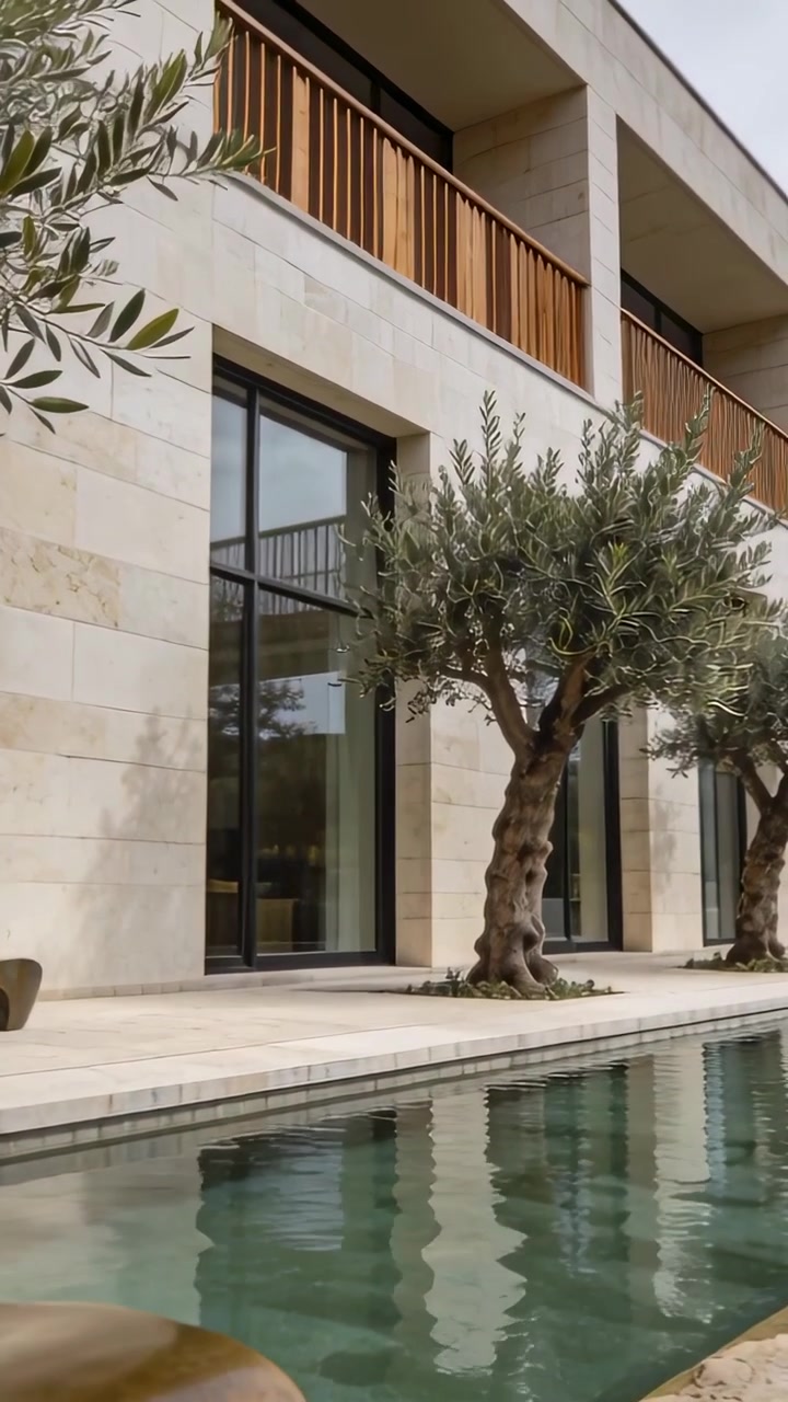Video verticale: Panoramica della telecamera da una panchina di bronzo che rivela la facciata di una piscina domestica per mostrare gli ulivi.