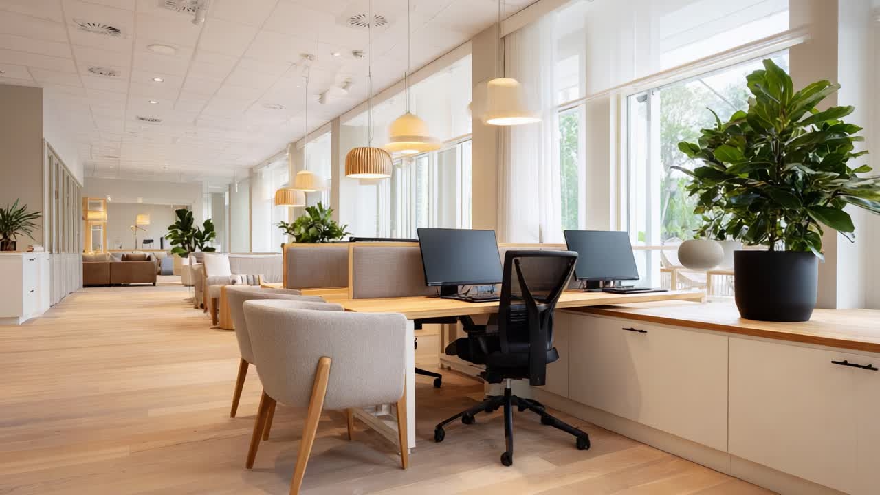 Design moderno di area di lavoro con luce naturale, vegetazione e arredi eleganti per un ambiente ufficio accogliente e produttivo