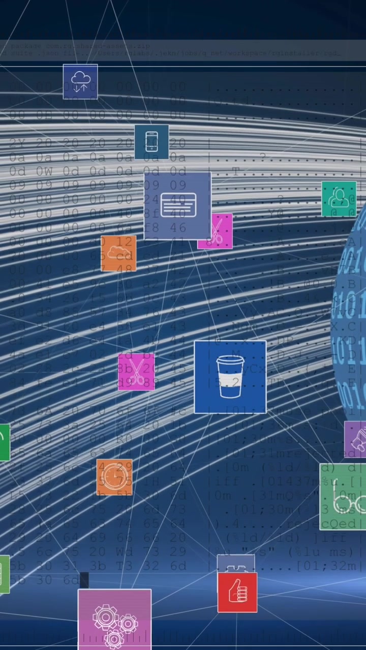 Animation of network of digital icons against binary coding over globe and light trails