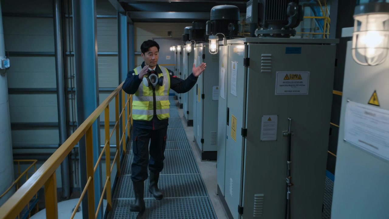 Tecnico che cammina indossando DPI, ispezionando armadi elettrici su una passerella, iniziando un controllo di routine.