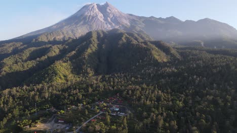 aerial view, beautiful mount merapi with cool nature in the morning with a clear blue sky