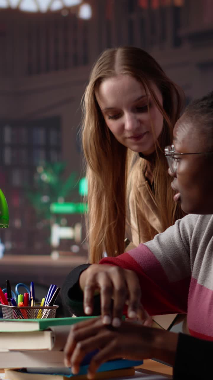 Vertical video person waking up african american girl in the university campus library