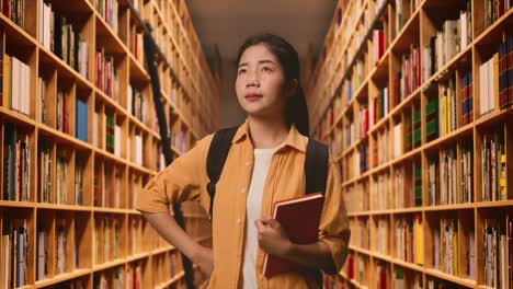 asian woman student with a backpack and a book standing with one arm akimbo and looking around in the library