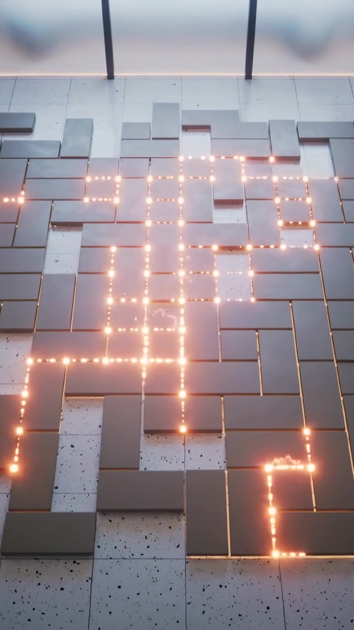 Vertical video: Sparking ignition moving along tile grid seams in studio, showing dotted LED nodes