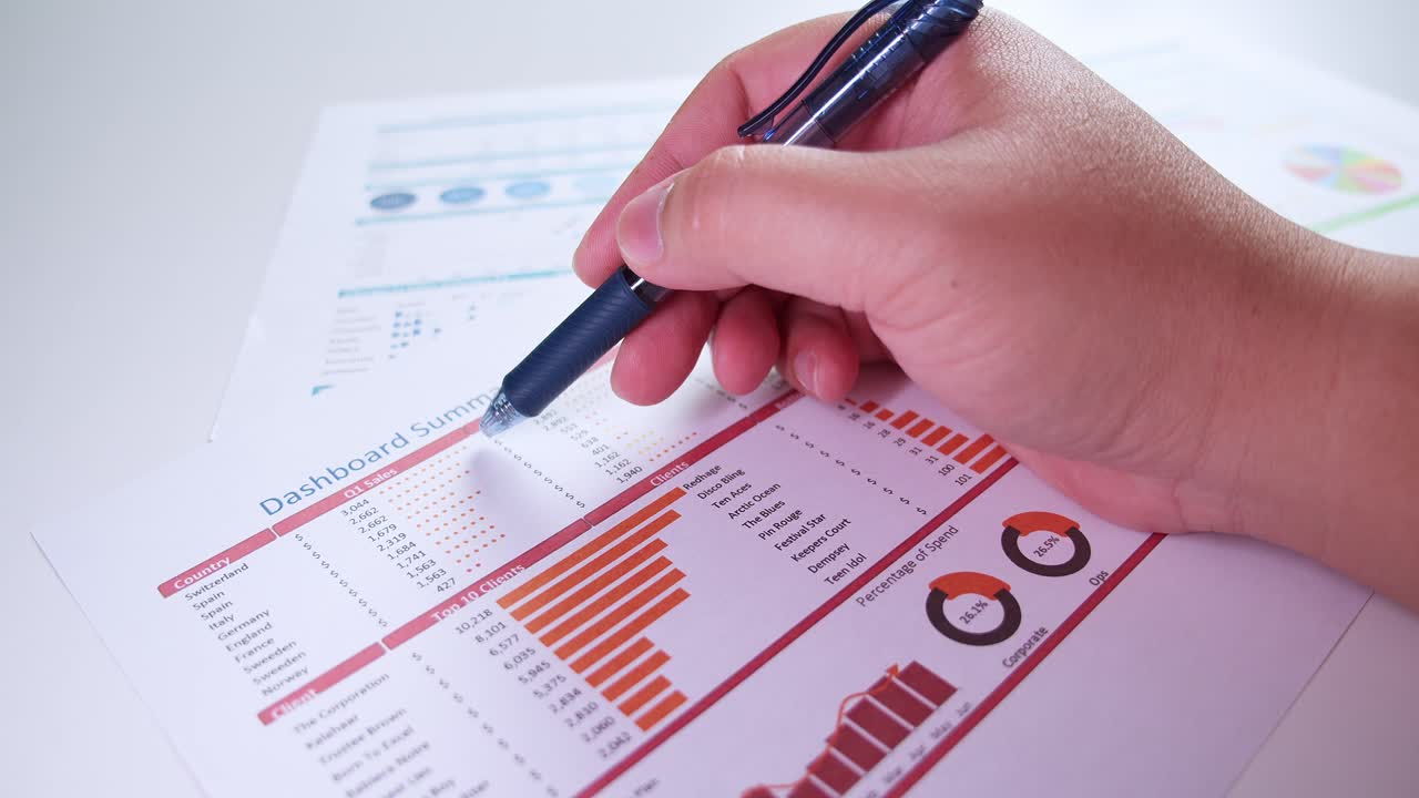 Close-up of businessman's hands with pen working at office desk and analyzing dashboard graphs and charts, profit report checking