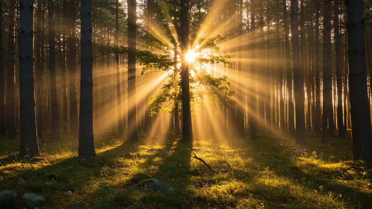 Golden Rays of Sunlight Illuminate a Serene Forest Scene as the Day Transitions, Casting Long Shadows Beneath Towering Trees in a Peaceful Natural Setting
