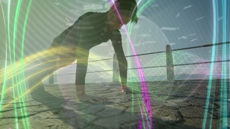 animation of neon dna with abstract pattern against caucasian woman doing pushups on pier at beach