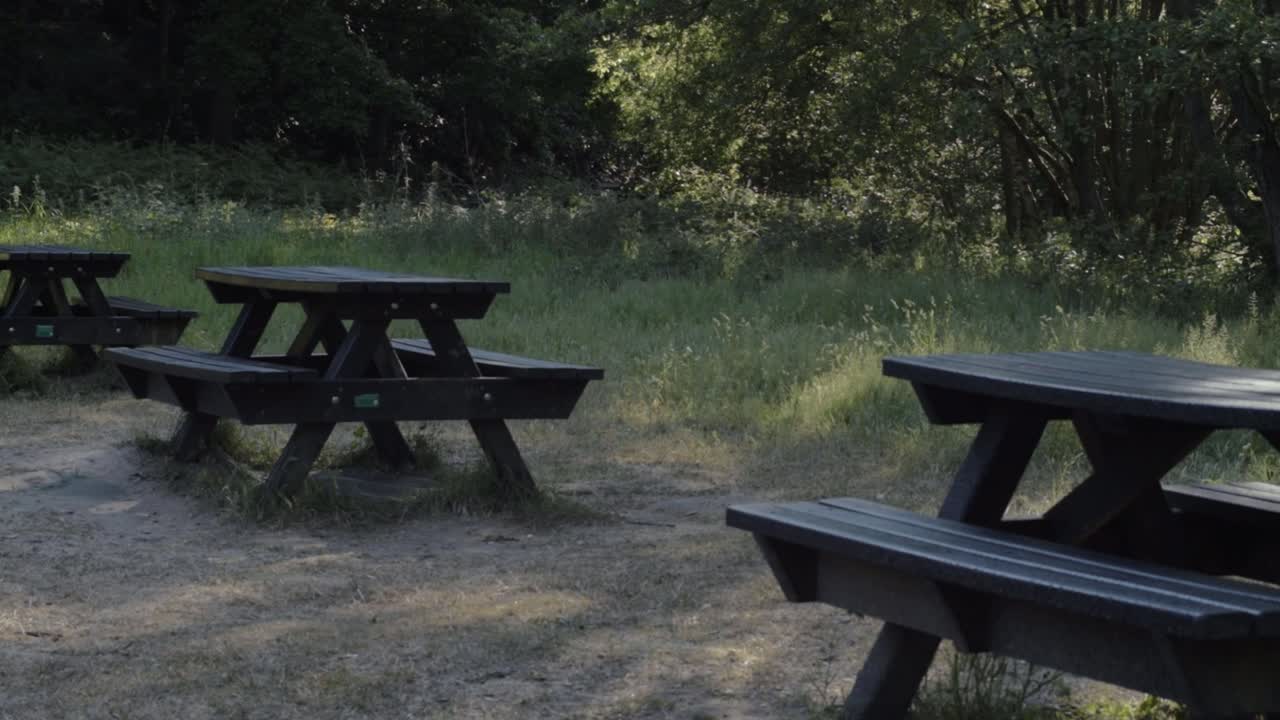 Empty wooden picnic tables in park land wide panning shot