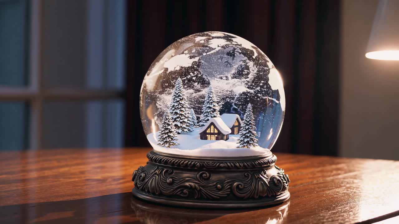 Close-up video of a snow globe on a wooden table, featuring a cozy cabin and snowy trees