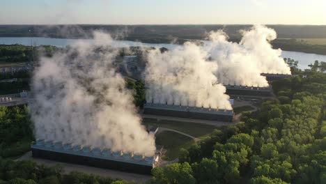 aerial view of power plant cooling towers