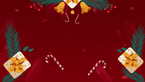 christmas background with gifts, bells, and candy canes