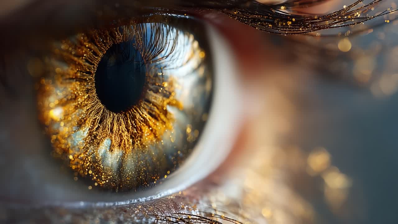 A Stunning Close-Up of an Eye Sparkling with Golden Hues - A Glimpse into the Beauty and Complexity of Human Vision Captured in Intricate Detail
