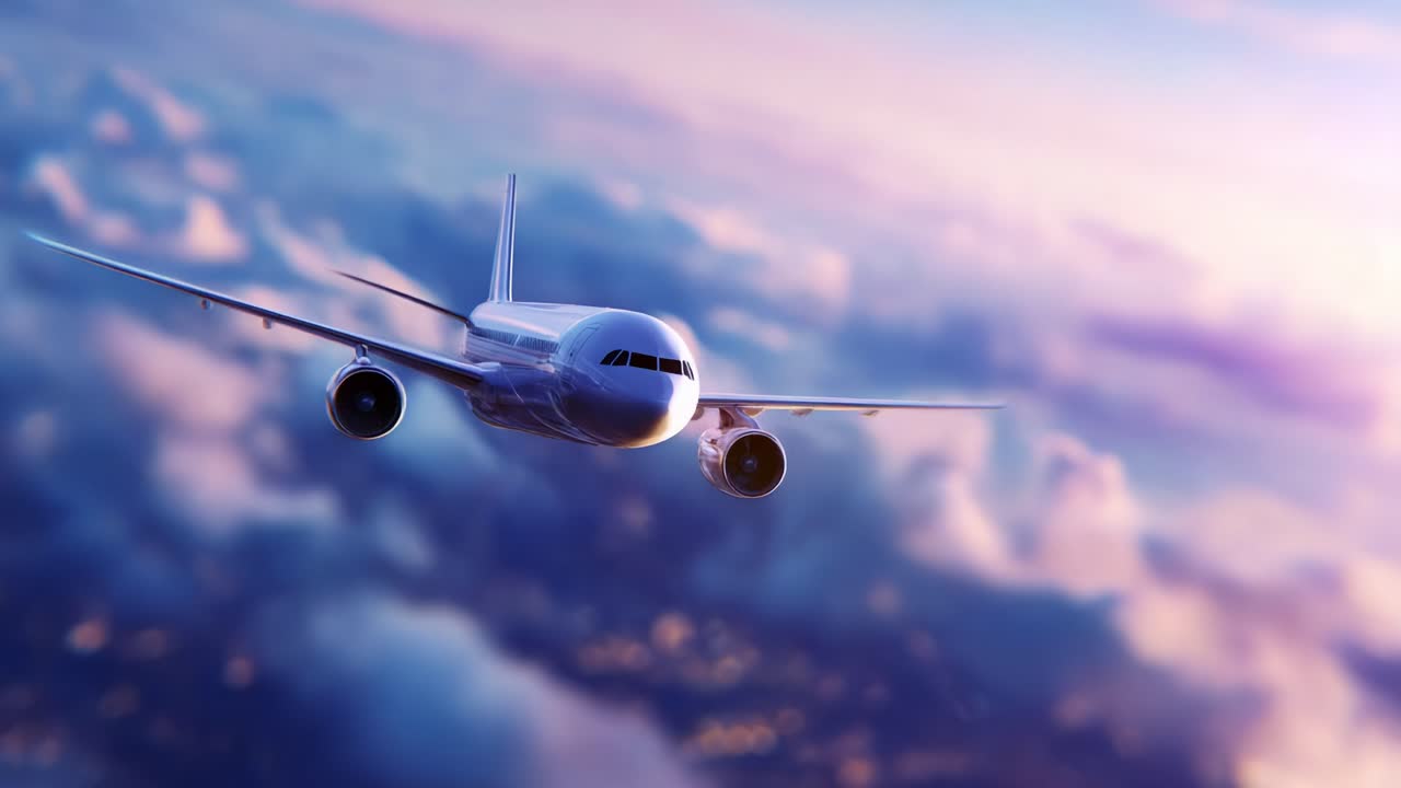 Una vista mozzafiato di un aereo che vola sopra le nuvole al tramonto, catturando la maestosità del volo e la bellezza del paesaggio atmosferico