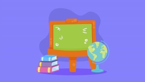 escena del aula con pizarra, globo terrestre y libros