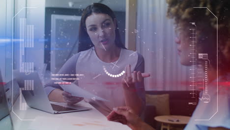 Animation of data processing over diverse business people in office