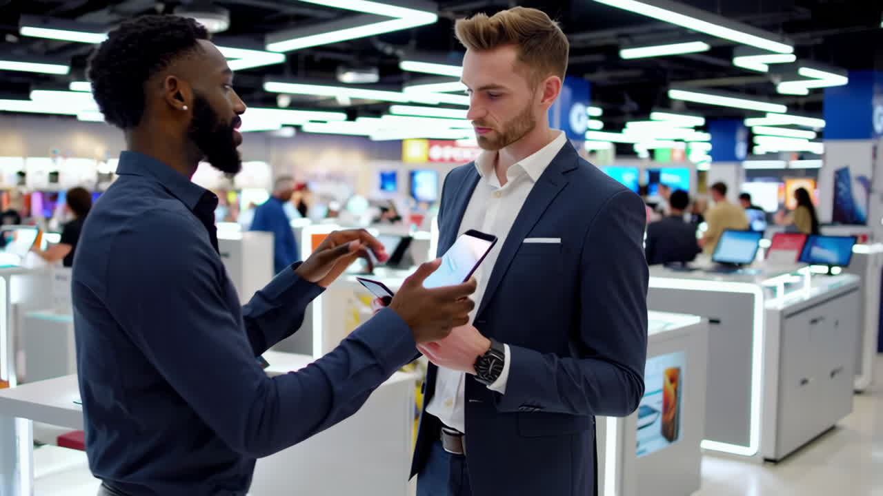 Customers browsing and interacting with mobile phones in an electronics store