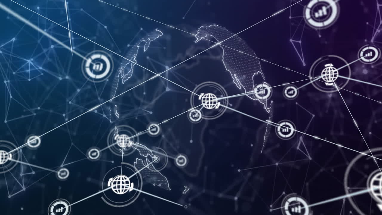 Animation of network of connections with icons over globe on black background