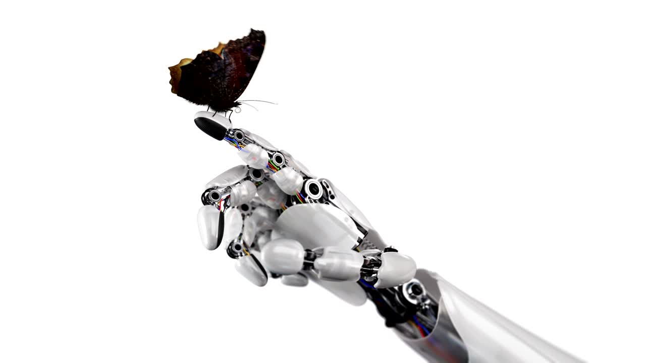 mano de robot y mariposa sobre un fondo blanco