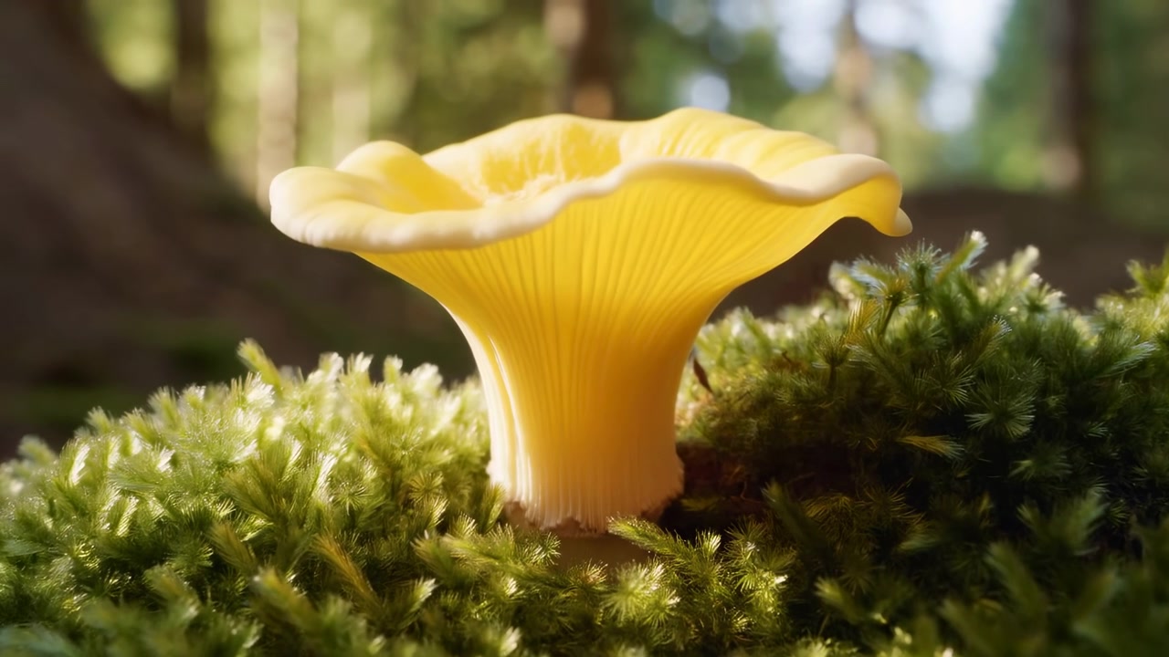 Golden Chanterelle Mushroom On Moss, Sunlit Forest Floor With Soft Bokeh, Closeup Macro View Showing Delicate