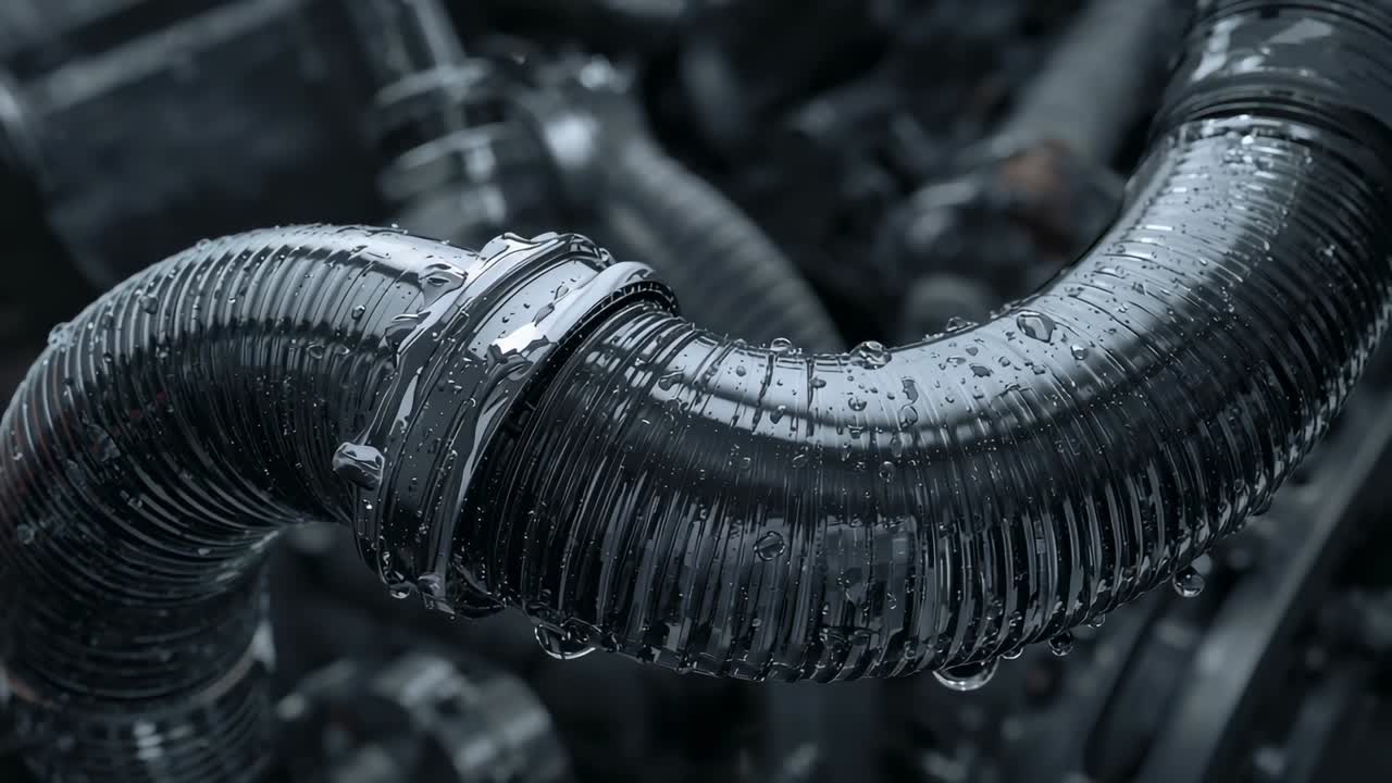 Shedding droplet, corrugated hose sliding beads after merging in engine bay with metal clamp
