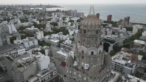 Montevideo-Uruguay-aerial-view-of-Metropolitan-cathedral-bell-tower-overlooking-Plaza-Independica-square-and-downtown-cityscape