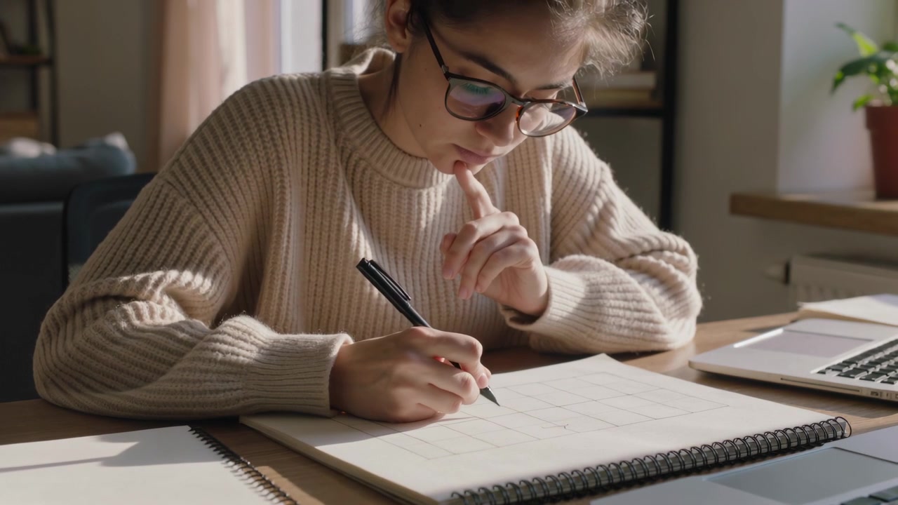 Leaning woman in beige sweater adjusting pen, marking spiral grid at window, laptop nearby planning