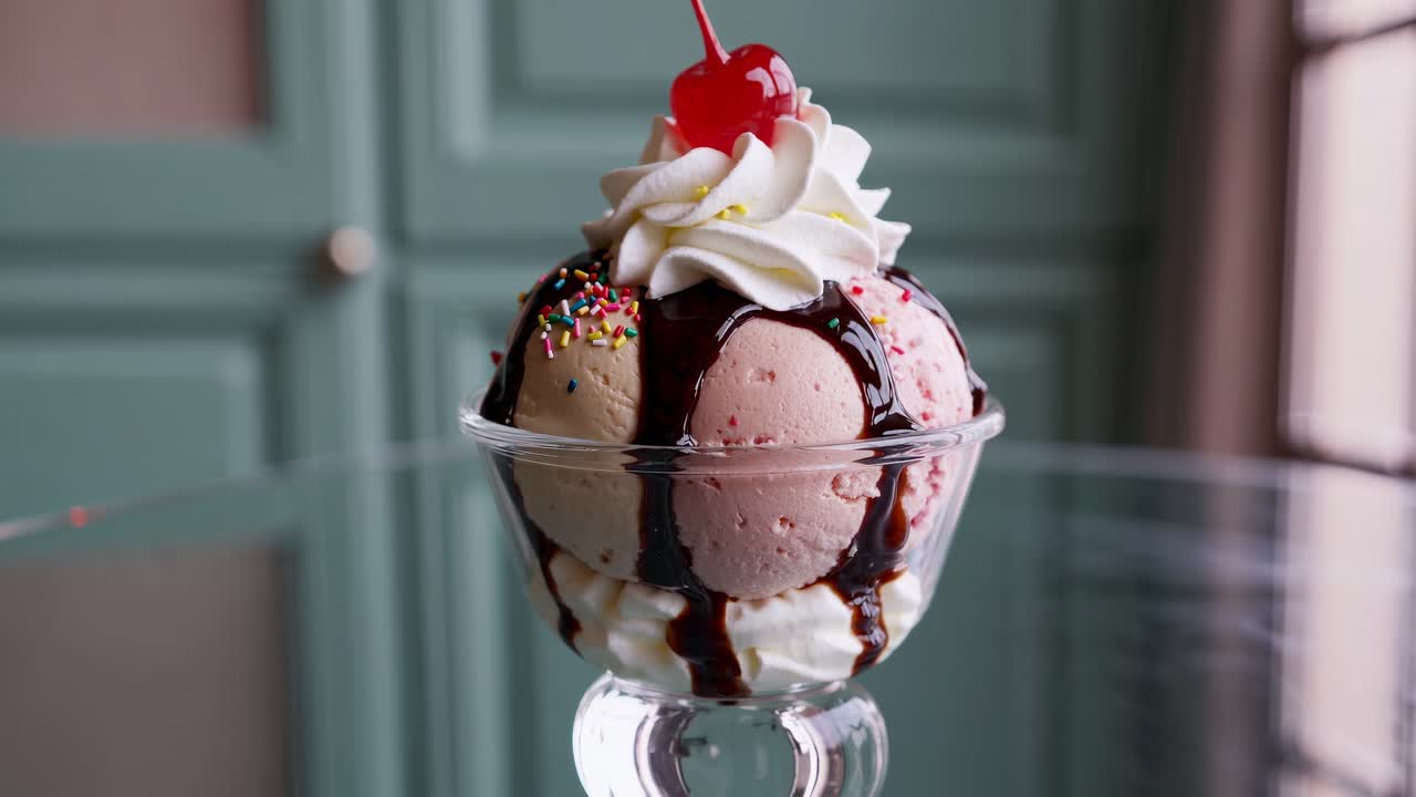 Close-up shot of a sundae with whipped cream, cherry, and sprinkles