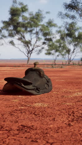 an old leather saddle abandoned in the australian outback