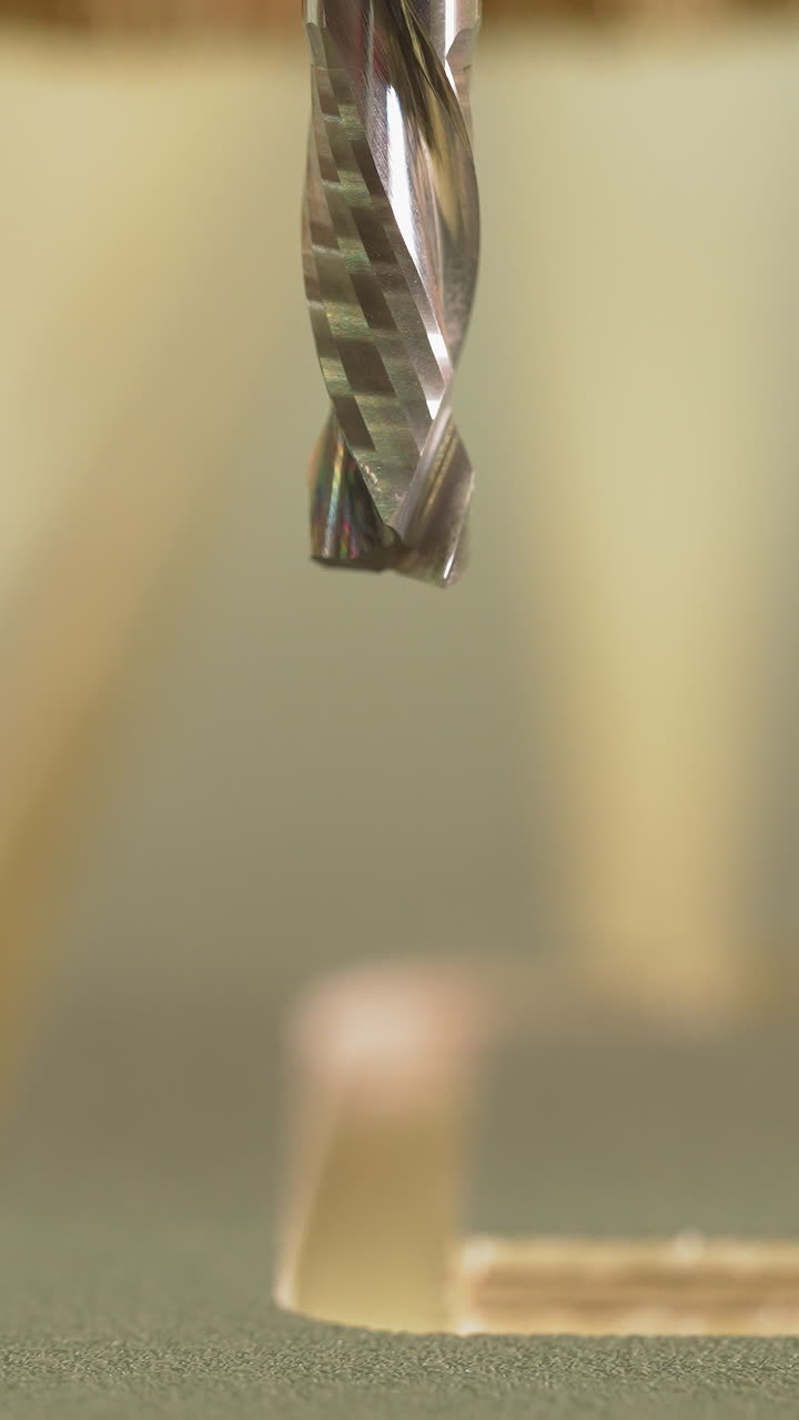 Spinning start of drilling tool over wooden sheet to cut out ornament at woodwork factory macro view. Modern lathe machine ready to decor detail in workshop