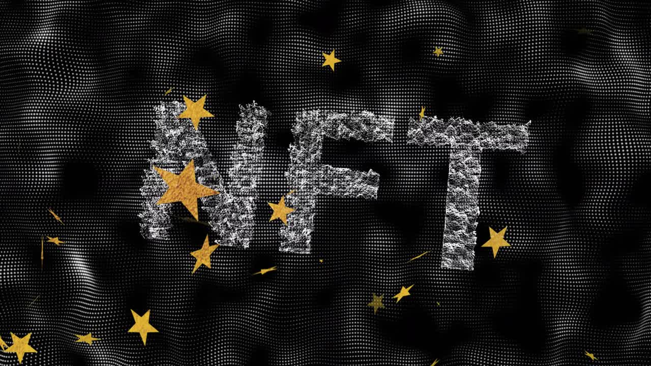 Dotted mesh drifting in, chalk particles forming NFT letters with stars illustrating asset concept