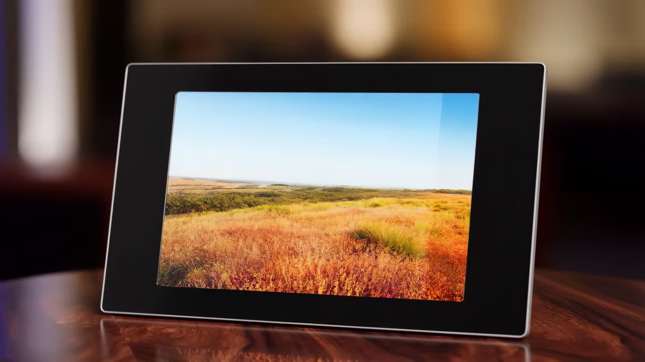 A digital photo frame displaying a landscape image with a "before and after" filter effect