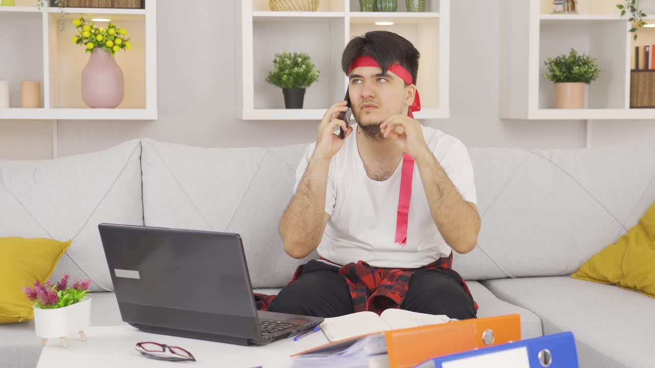 Funny businessman imitating the person he's talking to.