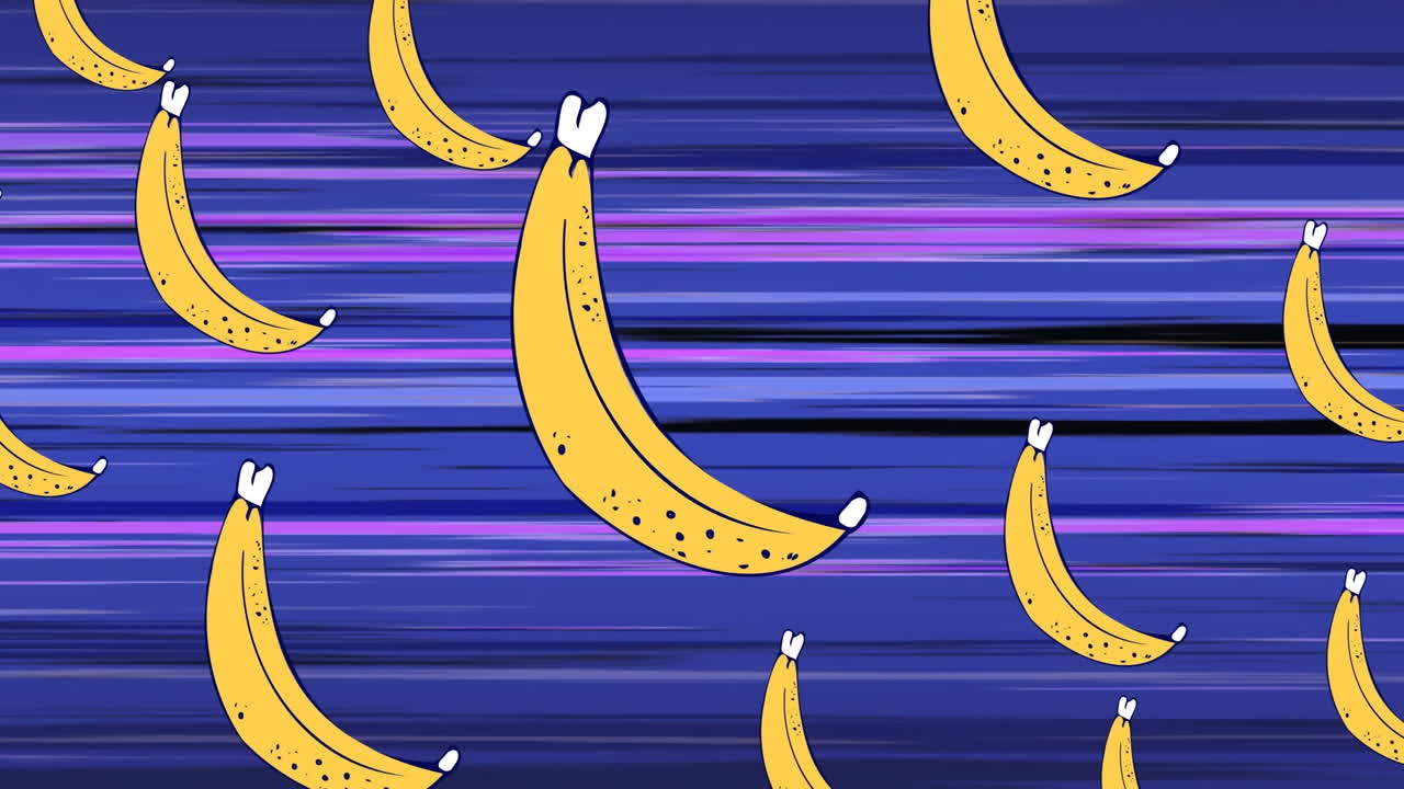 파란색 줄무 ⁇  배경 위에서 반복되는 바나나의 애니메이션