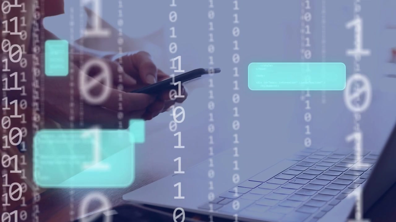 Woman tech pro typing initiating binary stream on keys picking phone checking messages typing again