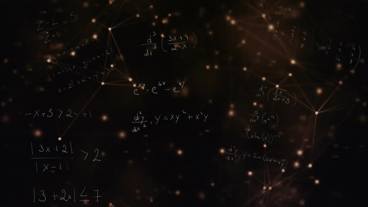 Mathematical equations and network connections animation over dark background with glowing nodes