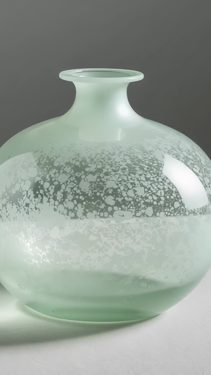 Vidéo verticale : la caméra recule pour révéler un vase menthe sur une table, montrant la base et une bande mouchetée