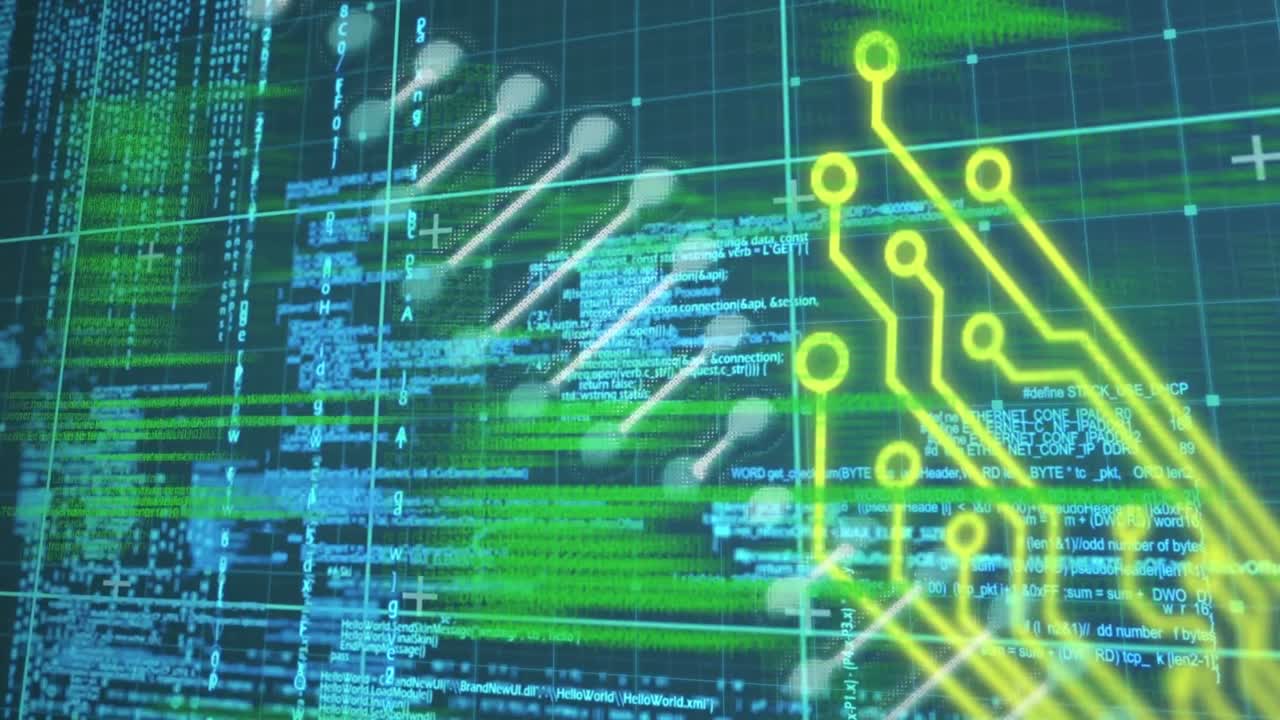 Animation of dna strand, data processing over computer circuit board